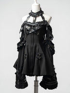 Black Halter Flare Long-Sleeve Dress with Leather Straps and Shorts Set - image 7