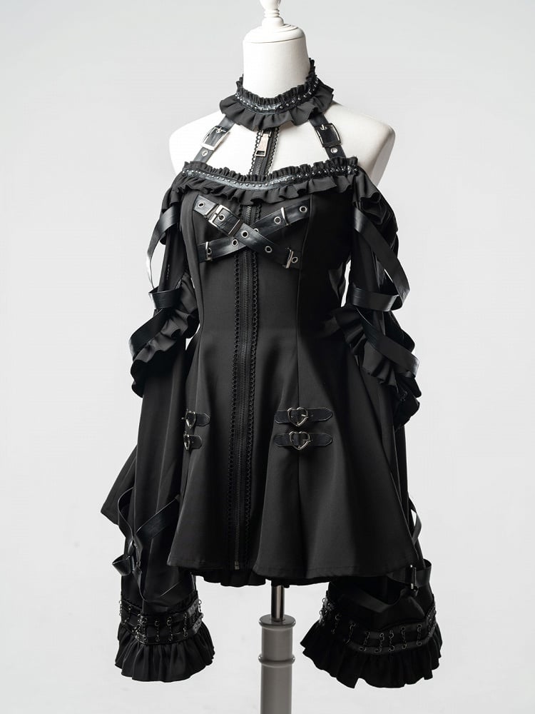 Black Halter Flare Long-Sleeve Dress with Leather Straps and Shorts Set - image 7
