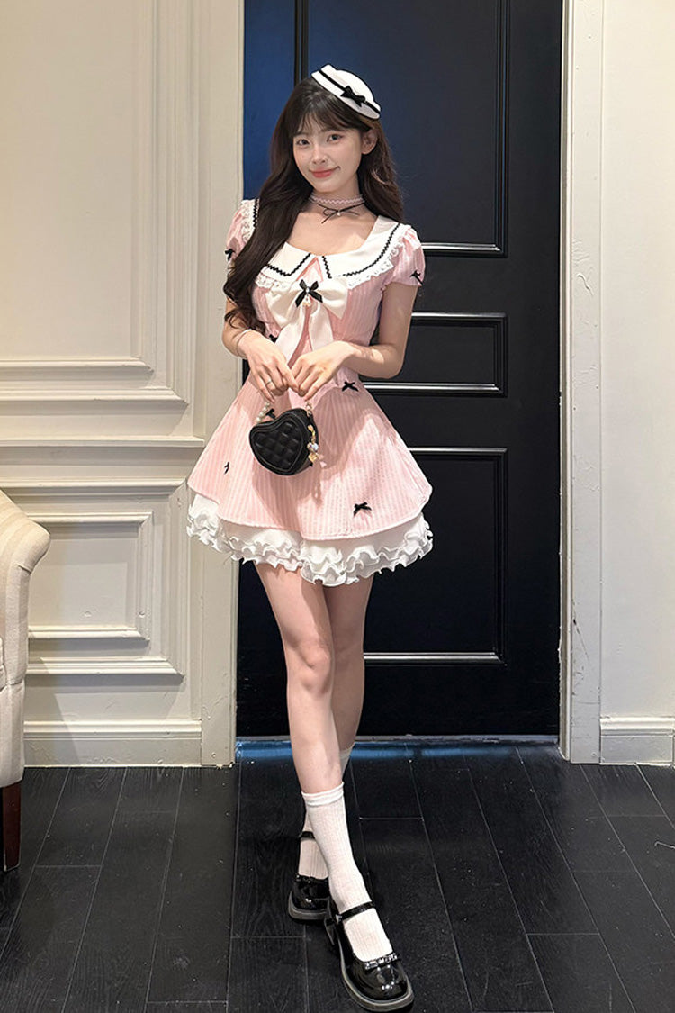 Peach Dream - Doll Collar Short Puff Sleeves Vertical Stripe Printed Ruffled Bow College Style Sweet Lolita Dress - image 4