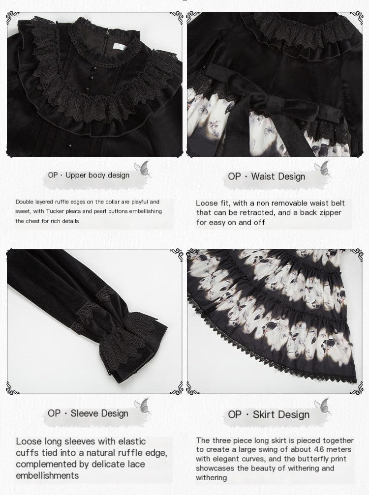 Dead Leaf Butterfly Pattern Lolita OP and JSK Set - image 9
