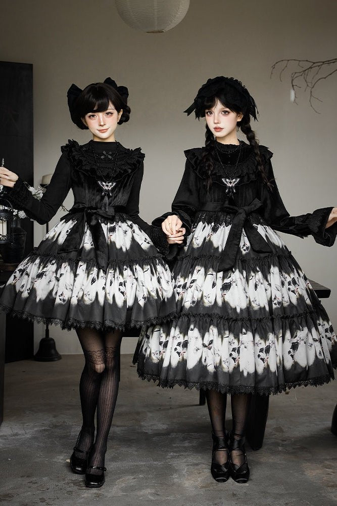 Dead Leaf Butterfly Pattern Lolita OP and JSK Set - image 3