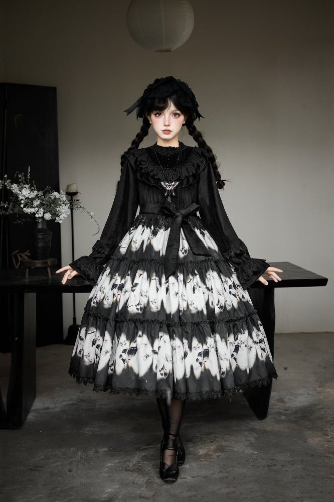 Dead Leaf Butterfly Pattern Lolita OP and JSK Set - image 5