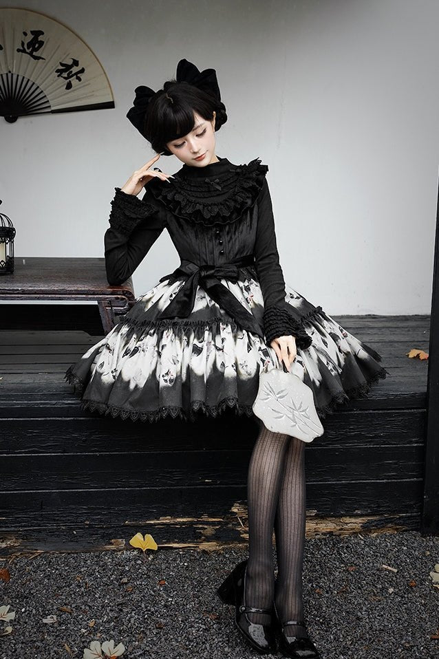 Dead Leaf Butterfly Pattern Lolita OP and JSK Set - image 6