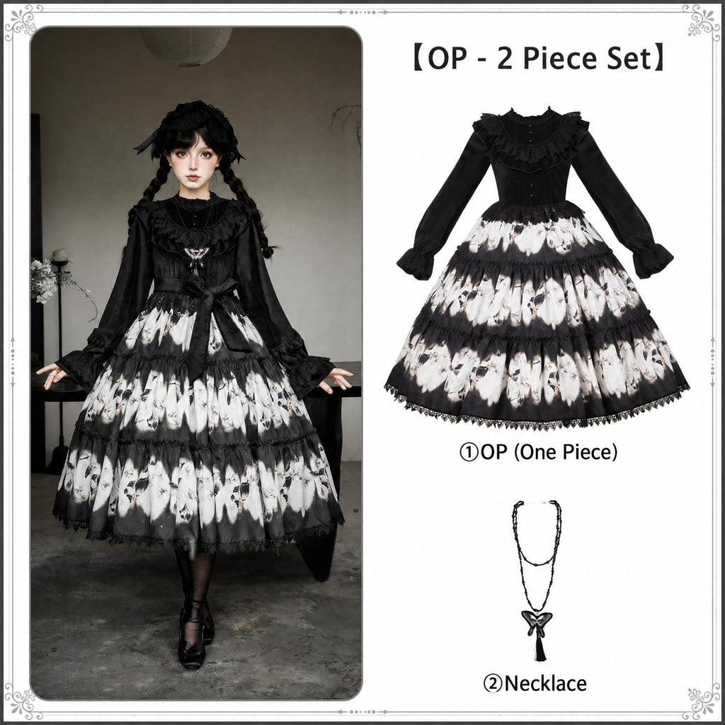Dead Leaf Butterfly Pattern Lolita OP and JSK Set - image 16