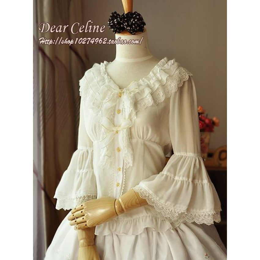 Bell-Sleeved Sheer Lace Blouse II with Two Detachable Ribbons - image 1