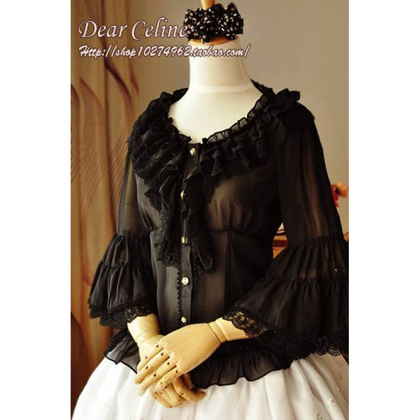Bell-Sleeved Sheer Lace Blouse II with Two Detachable Ribbons - image 6