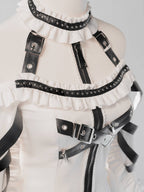 White Halter Flare Long-Sleeve Dress with Leather Straps and Shorts Set - image 6