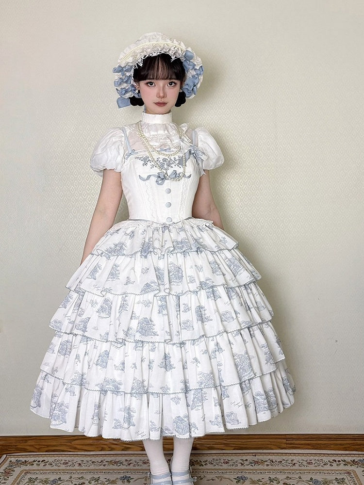 Blue and White Floral Print Lolita JSK with Bow Details - image 11