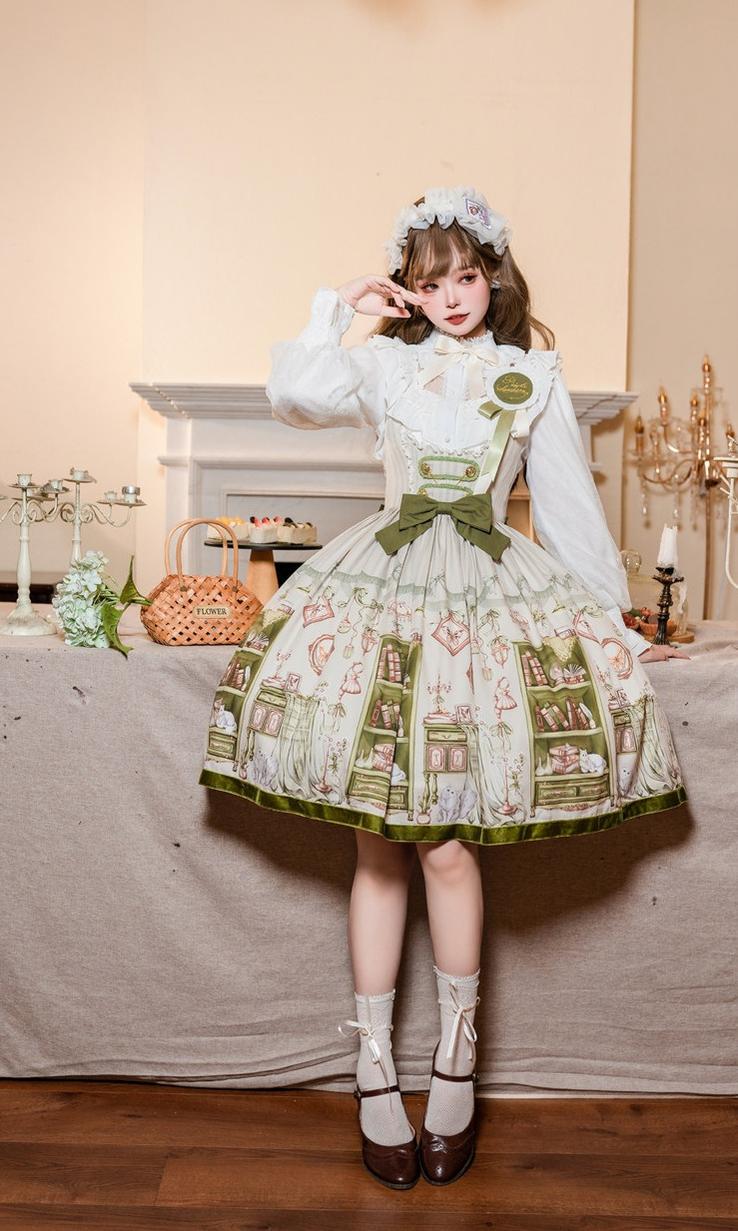 Aurora's Bookroom - Classic Lolita Bust-support JSK Dress with Bookstore Print - image 9