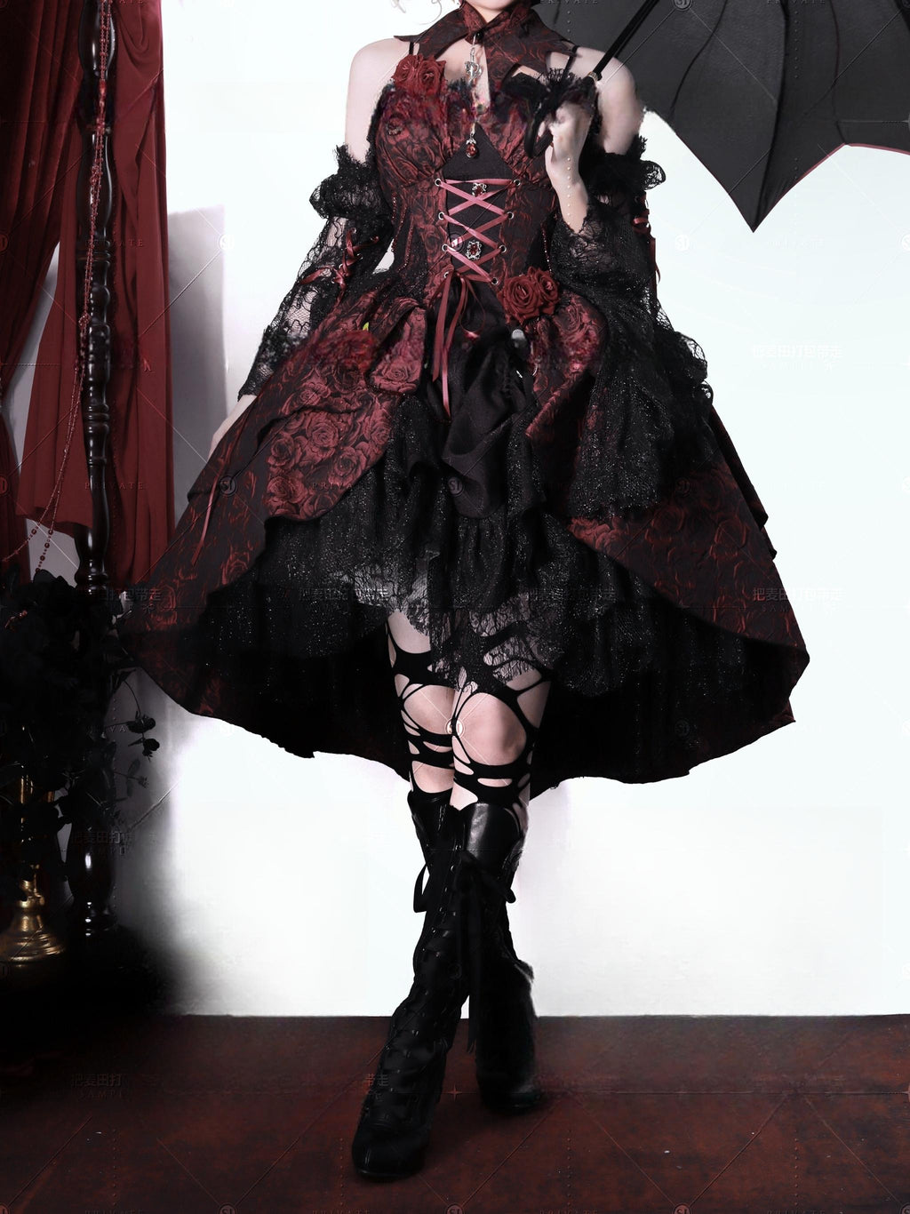 Rose Blood - Black Red Gothic Lolita JSK Jacquard Court Dress - image 2