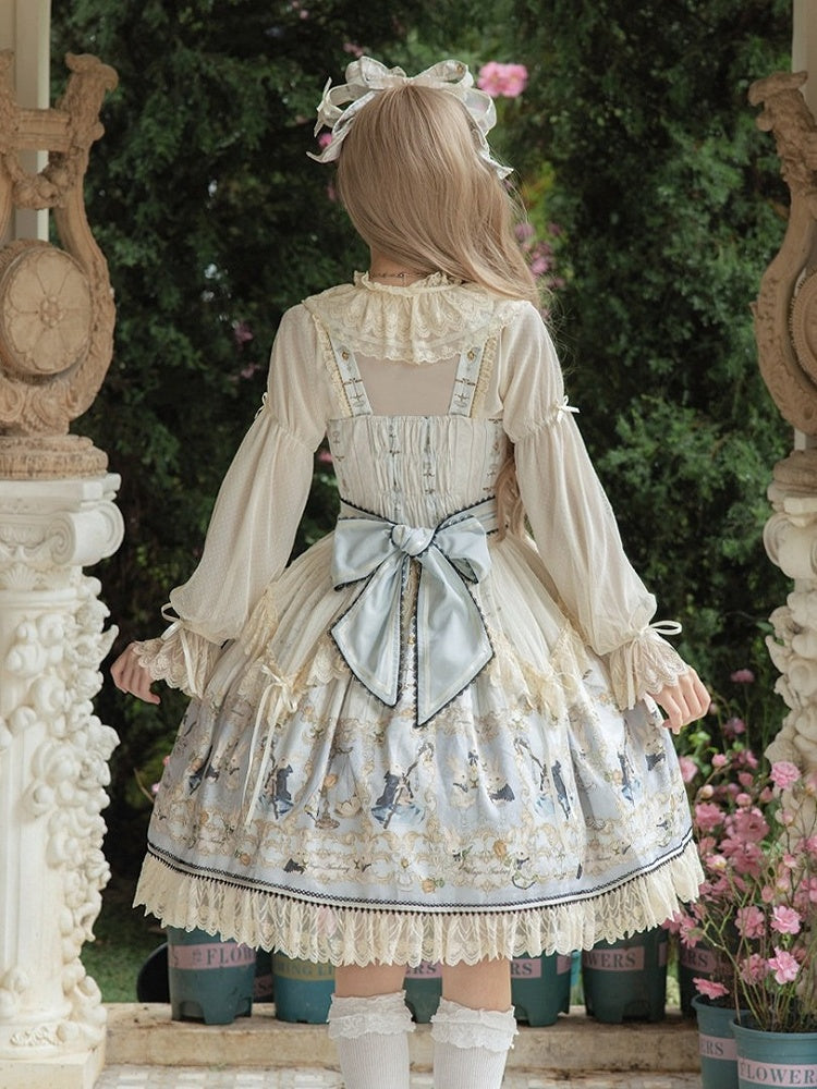 Azure Rabbit-Print Bow JSK with Lace Blouse - image 7