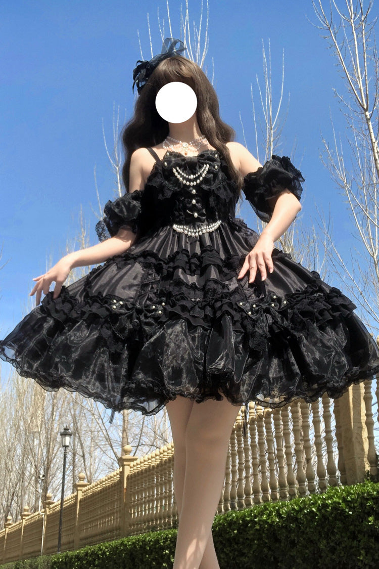 Spring Cherry Snowfall - Off Shoulder Short Sleeves Multi-Layered Ruffled Bow Gothic Lolita JSK Dress - image 1
