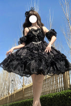Spring Cherry Snowfall - Off Shoulder Short Sleeves Multi-Layered Ruffled Bow Gothic Lolita JSK Dress - image 1