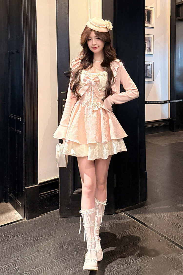Honeyed Blossoms - Square Collar Long Sleeves Double-Layered Printed Ruffled Bow Sweet Lolita Dress and Cardigan Set - image 5