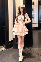 Honeyed Blossoms - Square Collar Long Sleeves Double-Layered Printed Ruffled Bow Sweet Lolita Dress and Cardigan Set - image 5
