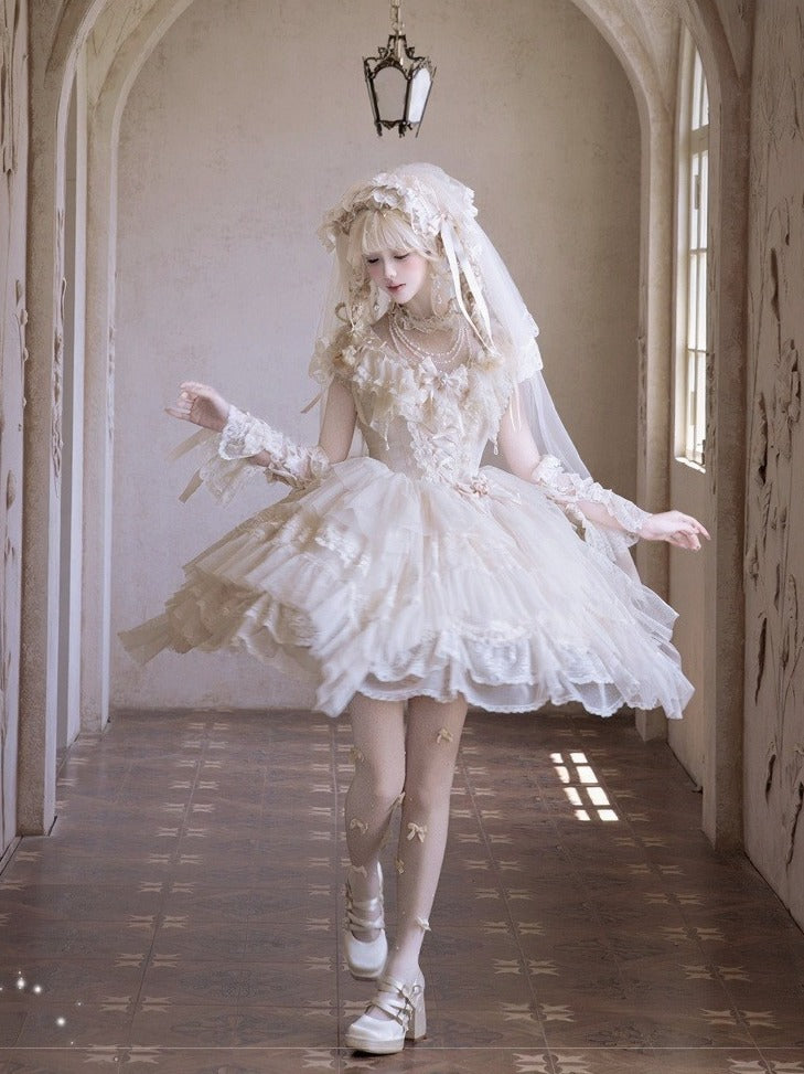 Champagne Illusion Neckline Princess Lolita JSK Dress Full Set - image 11