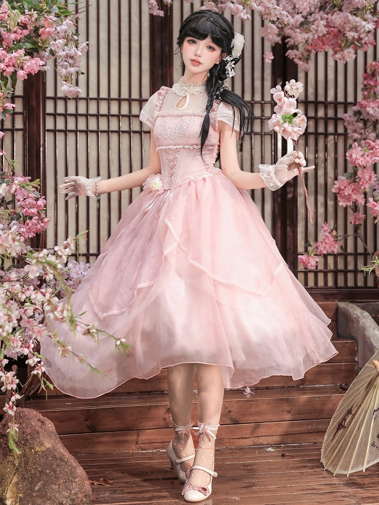 Pink Peach Blossom Chinoiserie Lolita OP Dress and Flower Hairclips Set - image 1