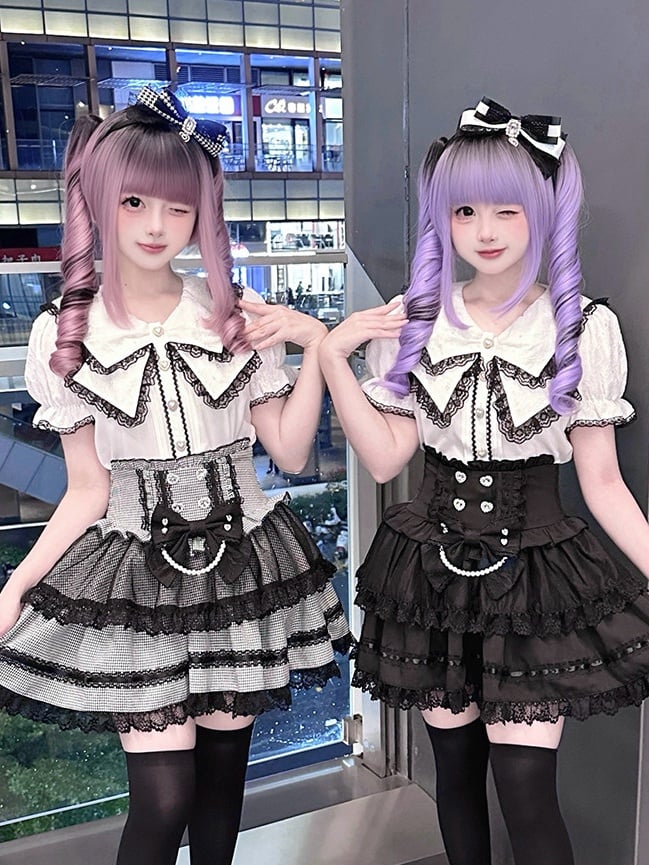 Black and White Jirai Kei Sailor Collar Blouse with Lace Detail - image 1