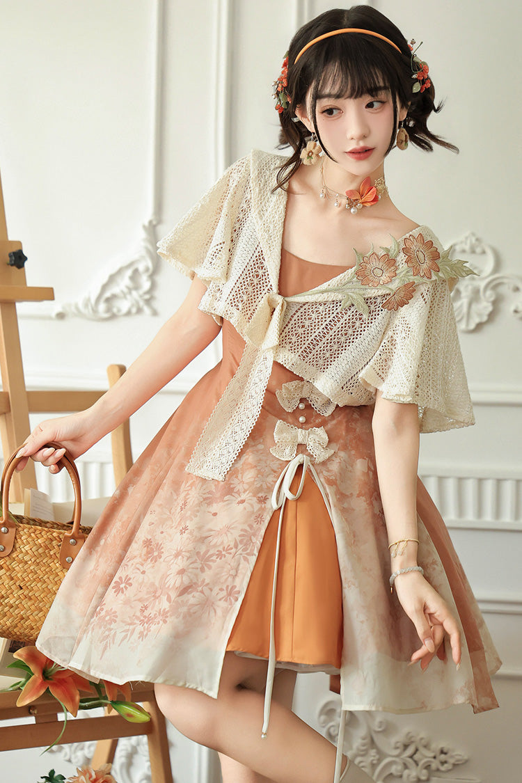 Orange Chrysanthemum Print Chinese-Inspired Lolita JSK Dress Set - image 5