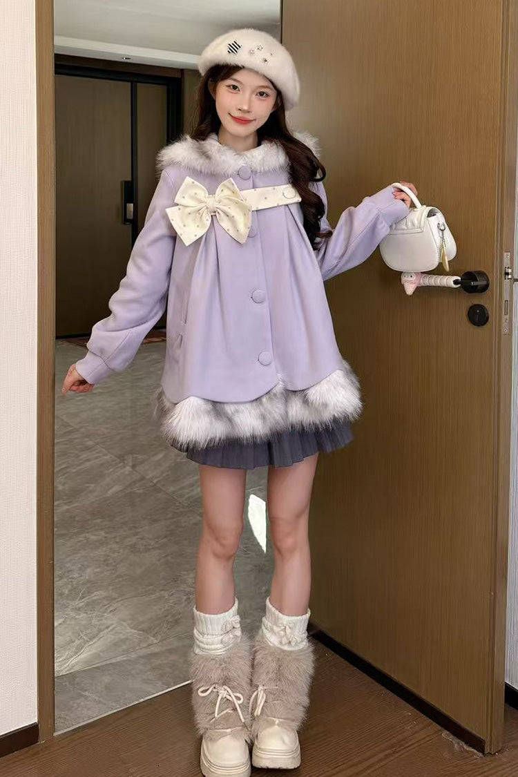 Long Sleeves Plush-Trim Polka Dot Printed Bow Hooded Sweet Lolita Coat - image 2