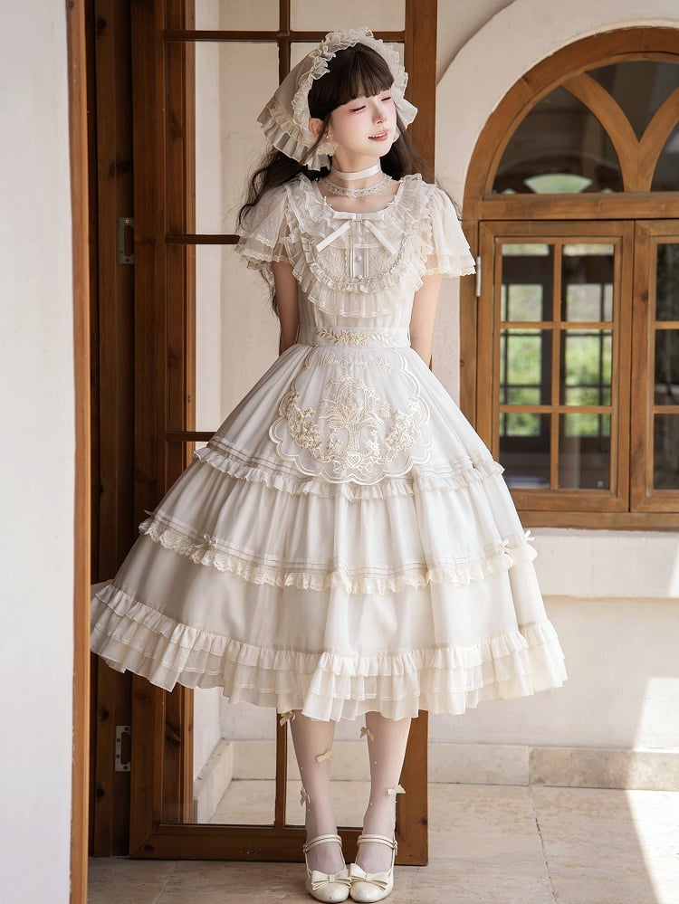 Beige Dots Tulle Flutter-Sleeve Lolita OP Dress with Embroidered Waist Belt - image 1