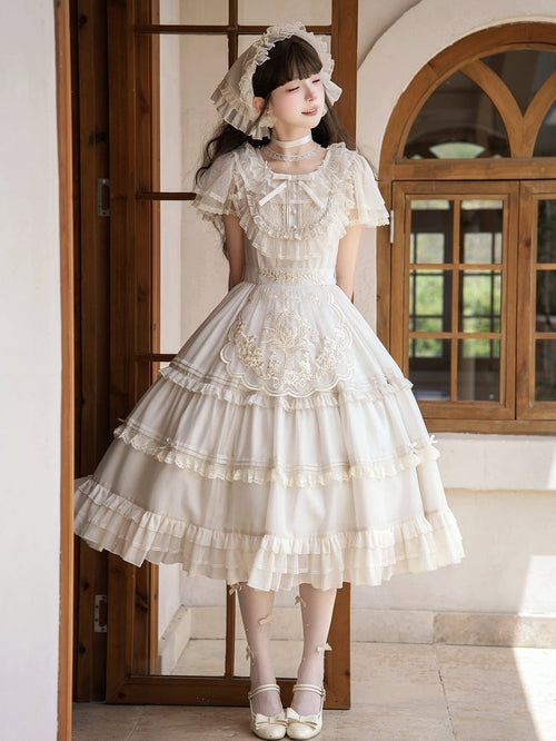 Beige Dots Tulle Flutter-Sleeve Lolita OP Dress with Embroidered Waist Belt - image 1