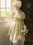 Butterfly Print Light Yellow Off-Shoulder Lolita OP Dress - image 3