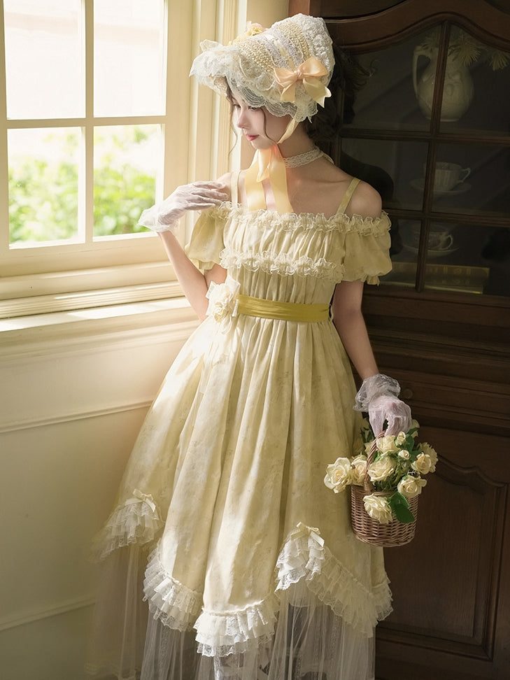 Butterfly Print Light Yellow Off-Shoulder Lolita OP Dress - image 3
