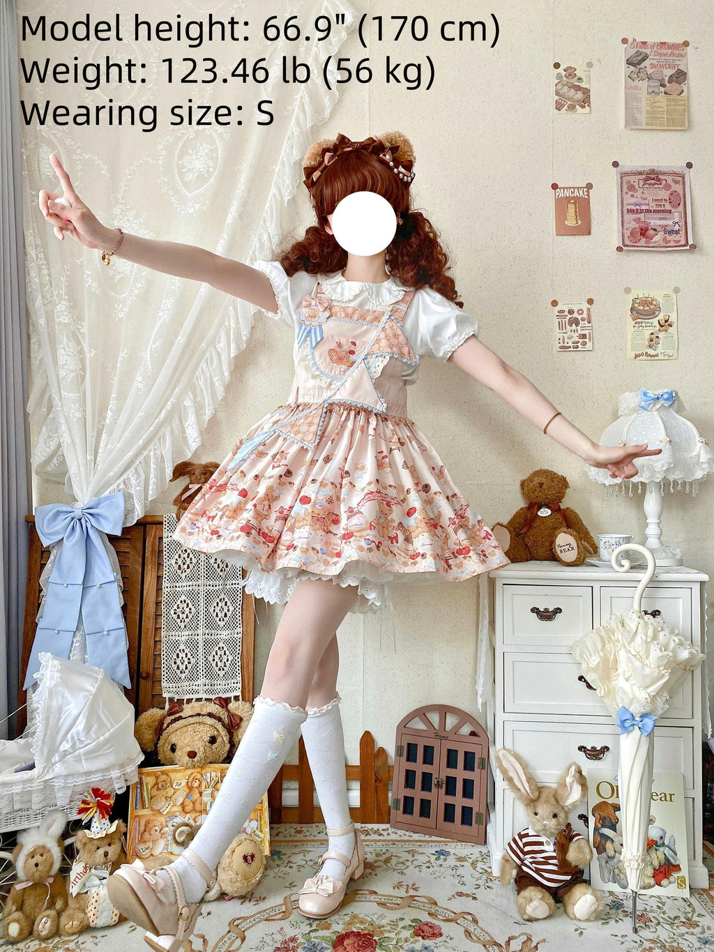 Little Bear Bonny - Kawaii Lolita Salopette, Bear & Dessert Print - image 6