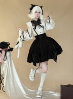 Gothic Monochrome Cutout Shoulder Top with Lace and Bow Embellishments - AMAHAKAWA - image 5