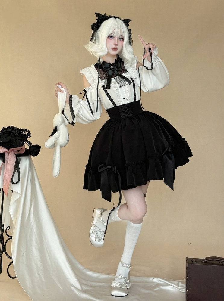 Gothic Monochrome Cutout Shoulder Top with Lace and Bow Embellishments - AMAHAKAWA - image 5