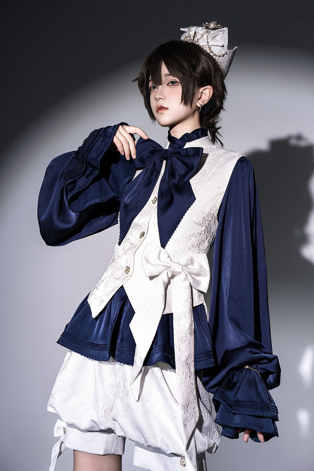 Rabbit Hunter - Ouji Lolita Shirt Sapphire Blue Long Sleeve Blouse - image 3