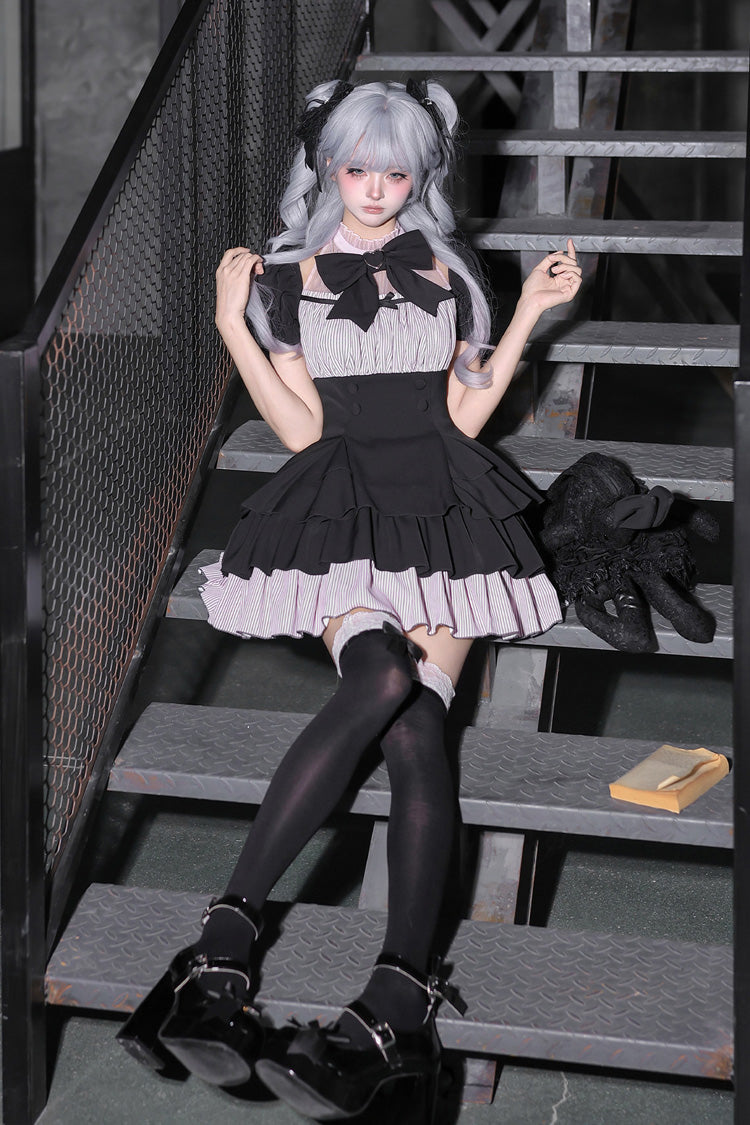 Square Collar Off Shoulder Short Sleeves Triple-Layered Bow Vintage Cool Lolita Dress - image 10