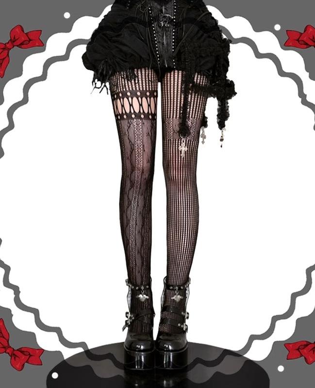 Wuxiaoliu Asymmetric Gothic Lolita Fishnet Pantyhose - image 1