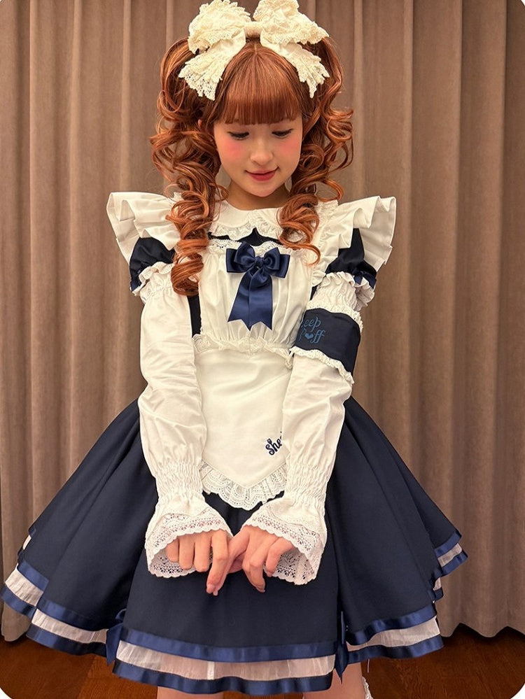 Dark Blue Maid OP with Striped Lace Accents - image 4