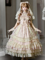 Refined Pink Lace-Trim Floral Embroidered Lolita Dress with Bow Train - Mademoiselle Pearl - image 7