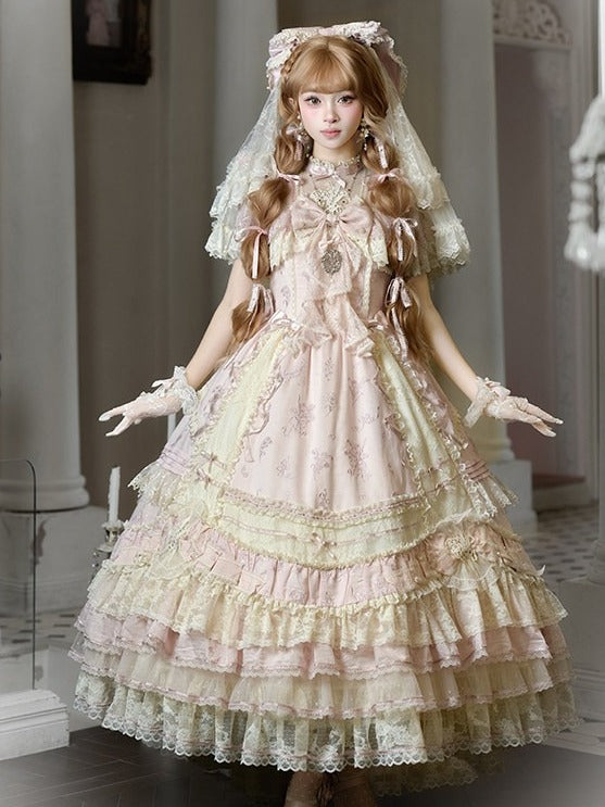 Refined Pink Lace-Trim Floral Embroidered Lolita Dress with Bow Train - Mademoiselle Pearl - image 7