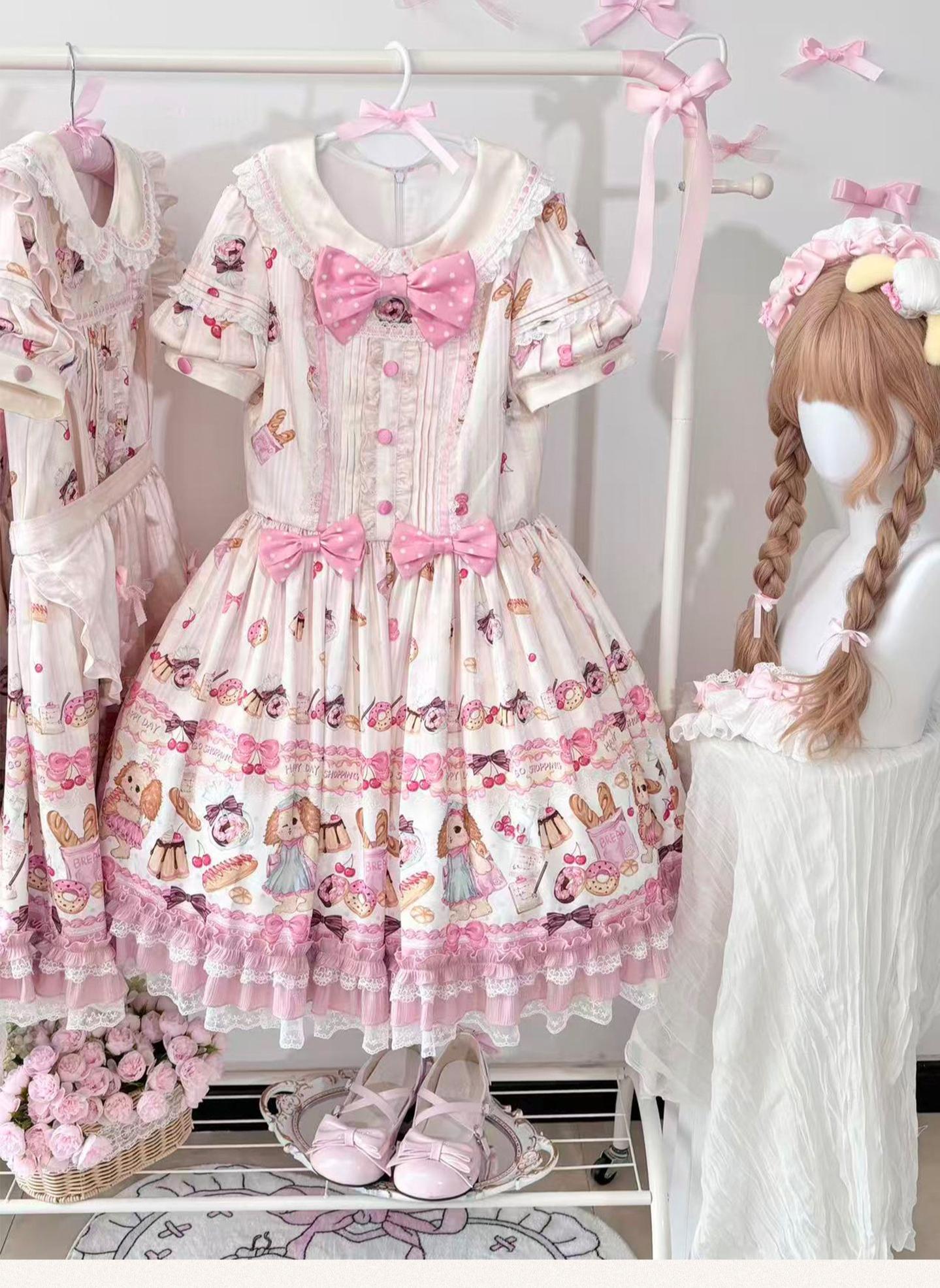Full Sugar Bakery - Sweet Lolita Puppy Dessert Print OP Dress with Bows and Accessories - image 1