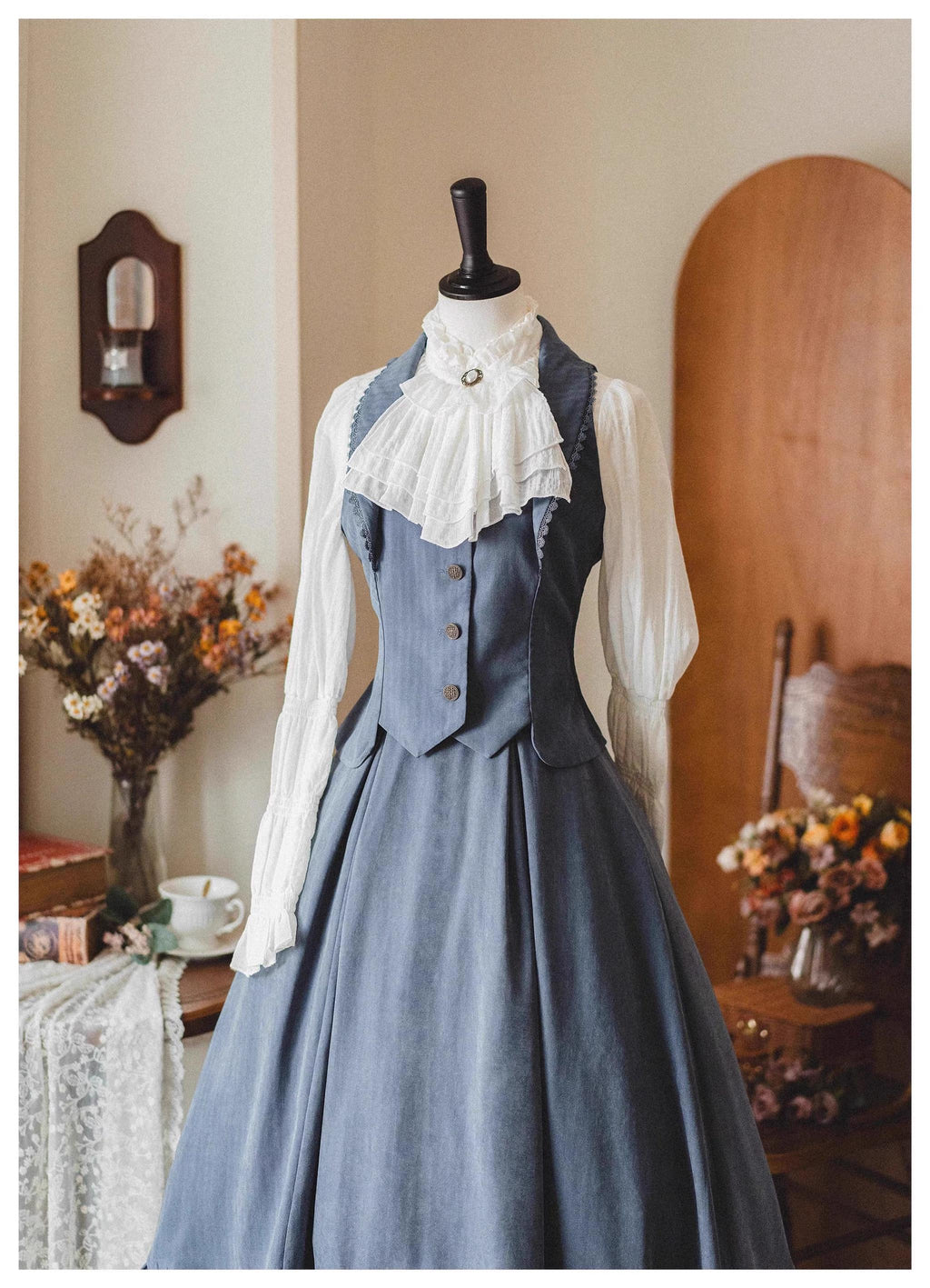 Classic Lolita A-Line Skirt, Button-Front Vest and White Blouse - image 34