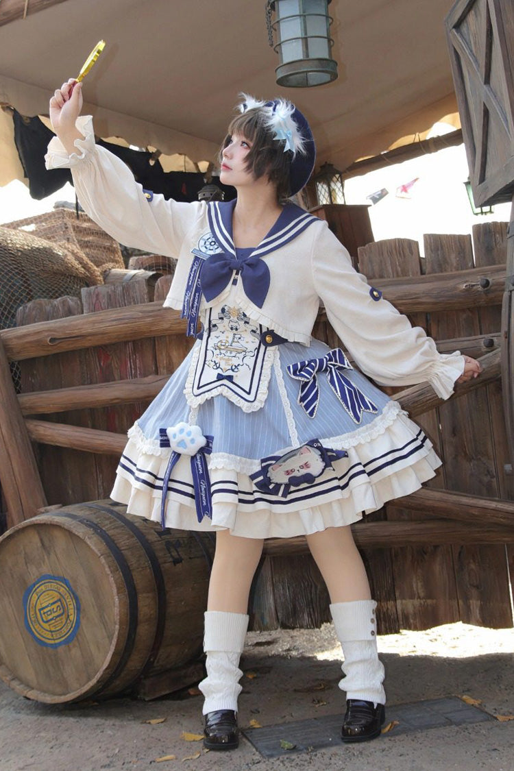 Ride the Wind and Waves - Double-Layered Printed Ruffled Bow Lace Sweet Lolita JSK Dress Set (Coat Included) - image 5