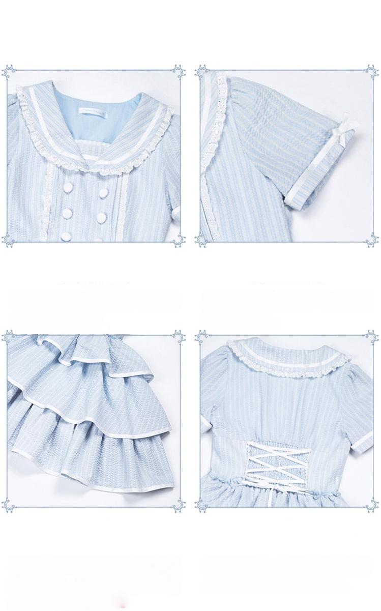 Seven-Day Bell - Blue Classic Lolita Striped OP Dress, Sailor Collar - image 6