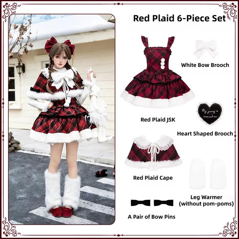 Snow Night Serenade - Fluffy Plaid Kawaii Lolita JSK, Reversible Cape and Accessories - image 31