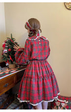 Christmas Vintage Lolita Skirts Doll Collar Blouse Plaid Skirt Set - image 11