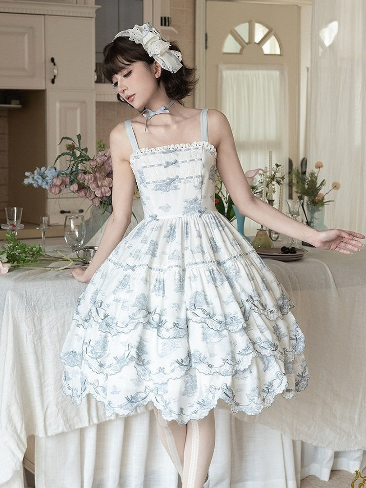 White and Blue Floral Embroidered Lolita JSK with Detachable Belt - image 5
