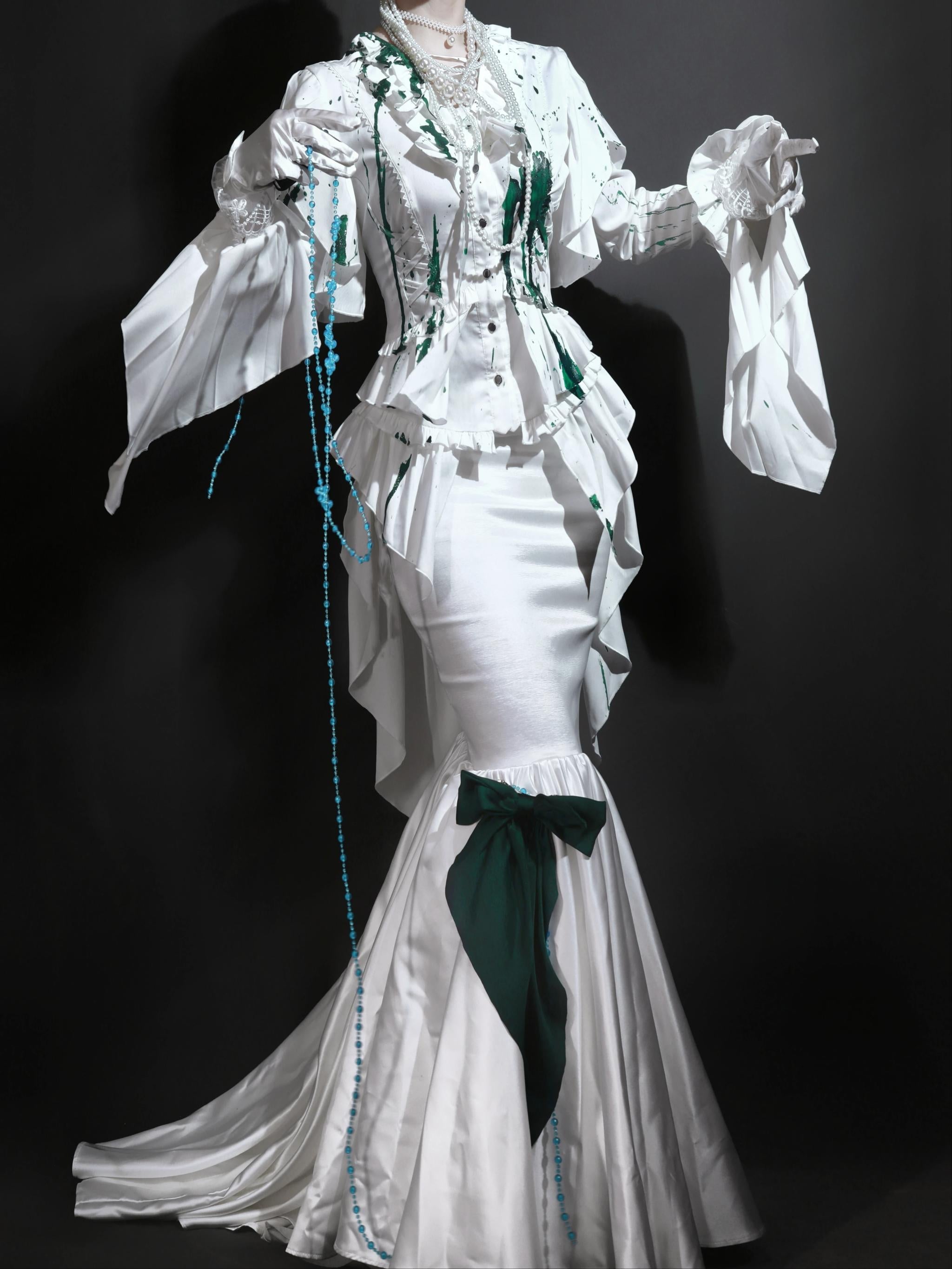 Echo of Deep Sea - Satin Ouji Lolita Trailing Blouse, Solid or Blood Stain Style - image 12
