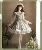 Teacup Bunny - Classic Lolita OP Dress, Fresh Green Floral Print and Accessories - image 6