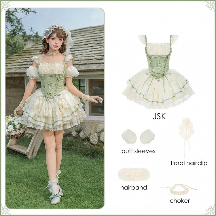 Beige and Green Boned Corset Waist Short JSK Dress Set - image 2