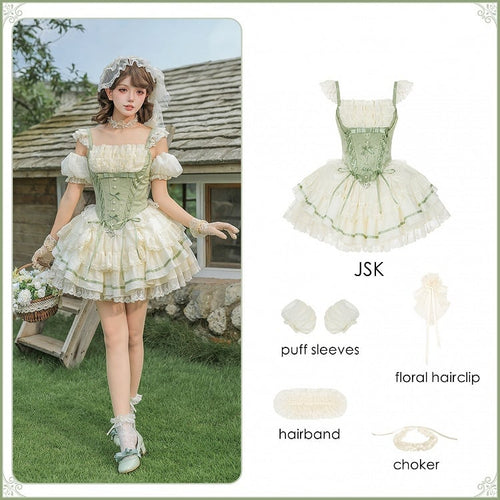 Beige and Green Boned Corset Waist Short JSK Dress Set - image 2
