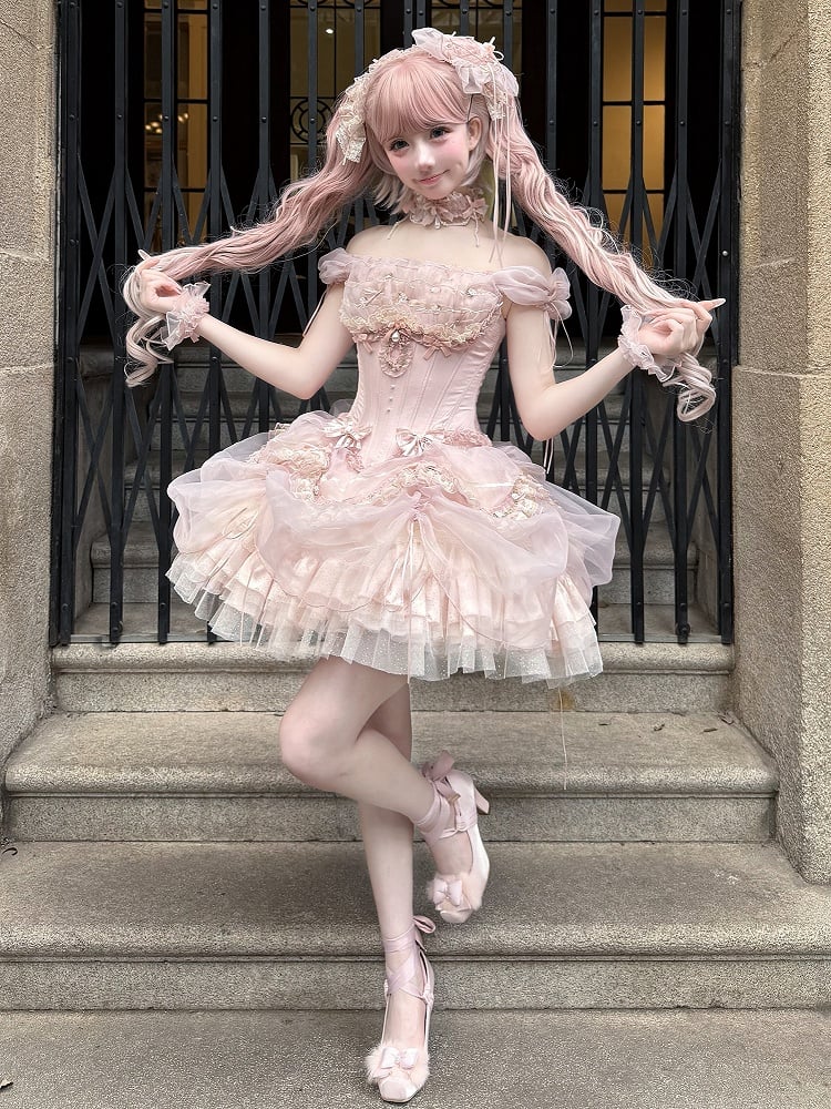 Pink Balletcore Princess Lolita Corset Top and Ruffle Skirt Set - image 4