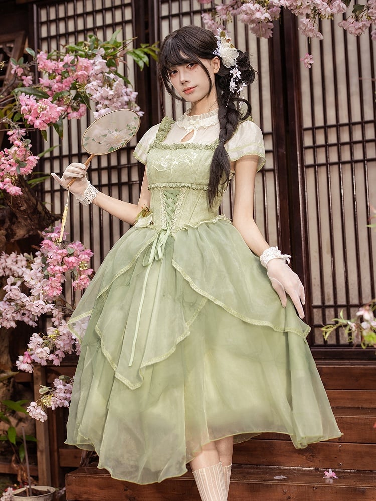 Green Orchid Chinoiserie Lolita OP Dress and Flower Hairclips Set - image 5